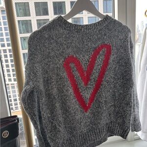 Loft Gray Heart-Print Women's Sweater - Red Heart Accent